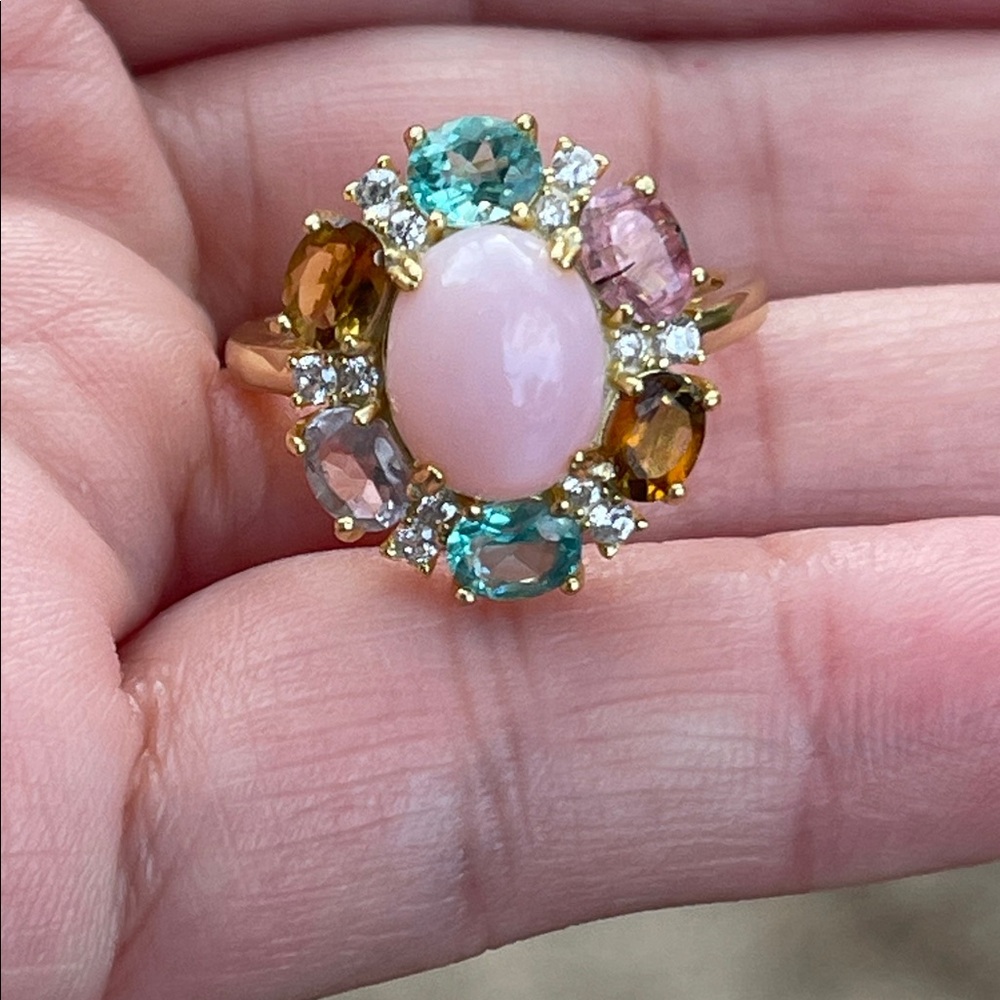 18k Gold Plated over 925 Sterling Silver Pink Opal & Tourmaline Ring Size 7.5